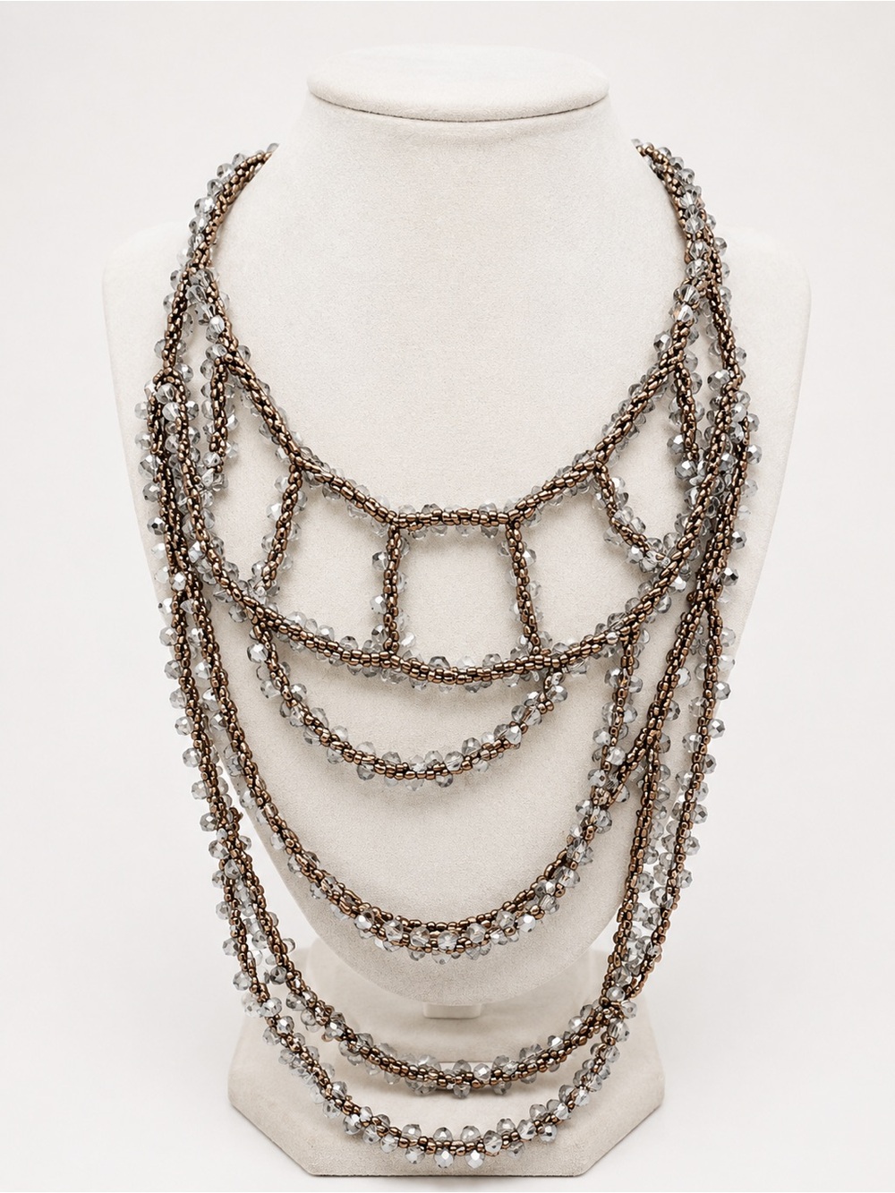 Multi-Strand Crystal Chain Necklace - Silver and Bronze